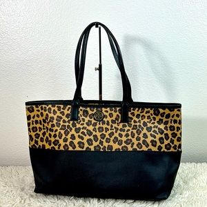 Tory Burch Womens Shoulder Handbag Leopard Print Tote Style Black Size Large